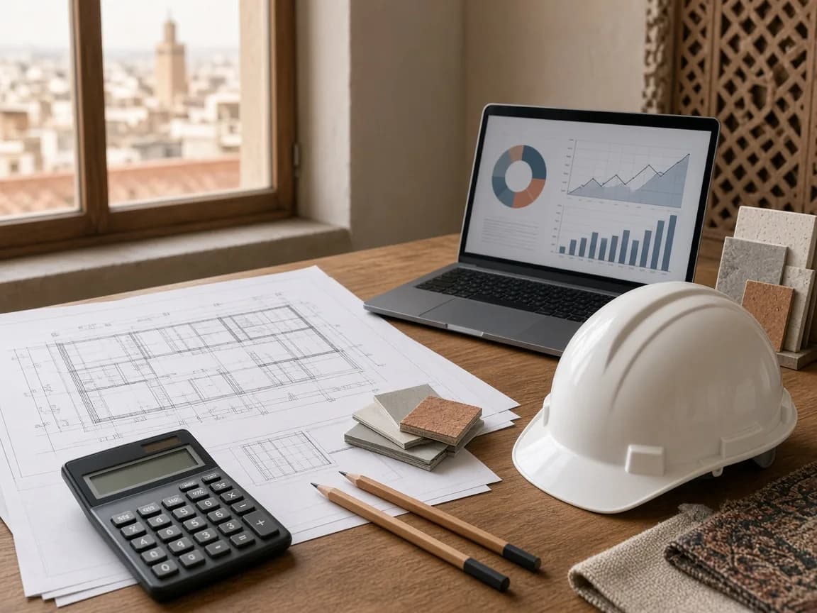 Plans, échantillons et ordinateur pour préparer un budget de construction