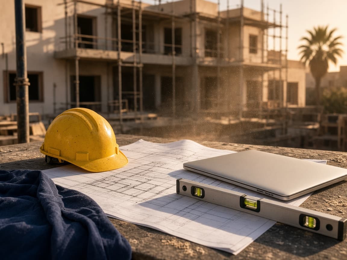 Hard hat and laptop on a construction site at sunset